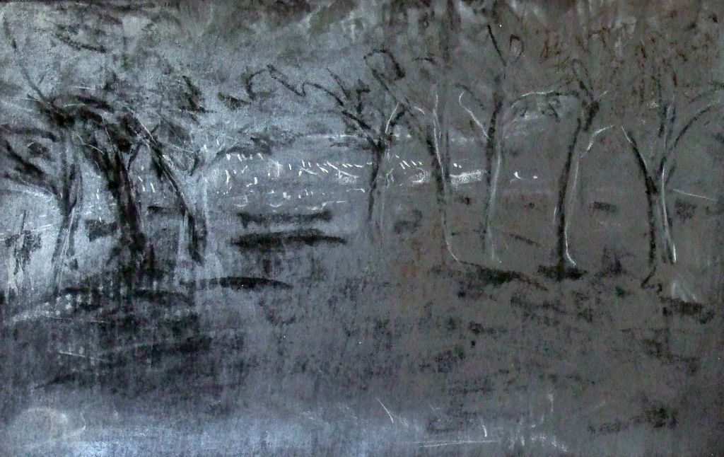 Nightime in the Olive Grove No. 2, chalk and charcoal on paper, 14"H x 20"W